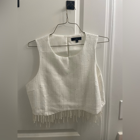 Lulu’s Voguish Ways White Tweed Pearl Fringe Crop Top - Picture 6 of 6